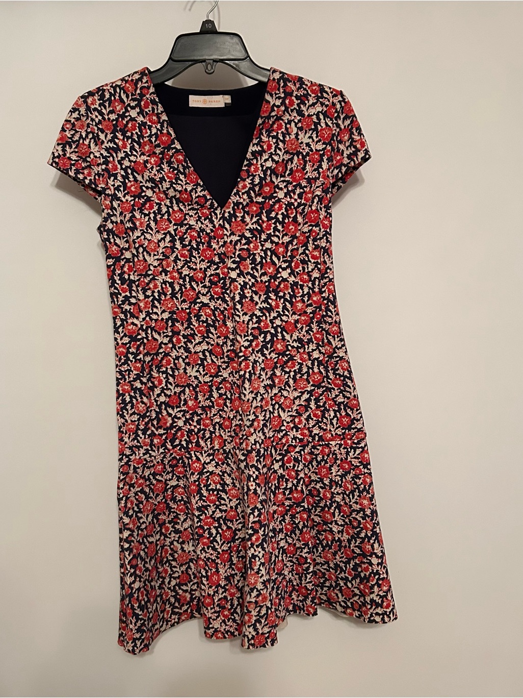 Tory Burch Red And Black Floral V-Neck Fit & Flare Dress